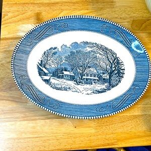 Vintage Currier & Ives Royal China blue 13" Oval Platter  "Old Inn-Winter